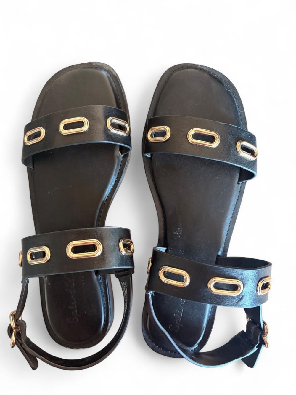 Splendid Loma Black Leather Geometric Gold Grommet Slingback Sandals - Size 9M